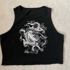 Black Crop Top with White Dragon Design Serpent Crop Tank Biker